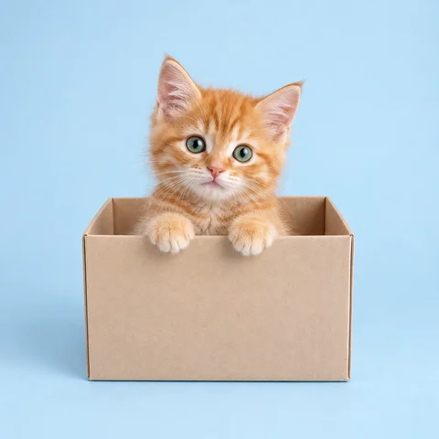 An orange cat peeking out of a cardboard box against a pale blue background, original still image before animation