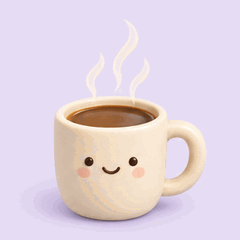 A smiling cream-colored 3D coffee cup against a lavender background, animated: Keep the coffee cup still while the steam rises slowly and drifts above the rim.