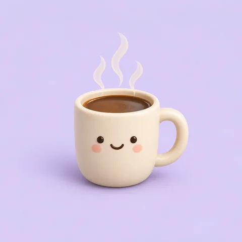 A smiling cream-colored 3D coffee cup against a lavender background, original still image before animation