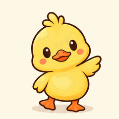 An original yellow duck illustration against an ivory background, animated: Stay in place and wiggle from side to side, moving both little wings to the beat.
