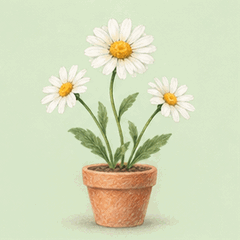 Colored-pencil daisies in a terracotta pot against a pale green background, animated: Keep the pot still while the daisy flowers, stems and leaves sway gently in the breeze.