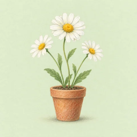 Colored-pencil daisies in a terracotta pot against a pale green background, original still image before animation