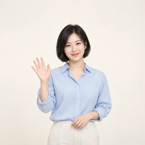 A fictional adult woman with short hair wearing a light blue shirt, original still image before animation