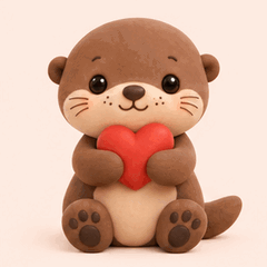 A brown 3D otter hugging a red heart against a peach background, animated: Hug the red heart and sway gently from side to side with a warm expression.