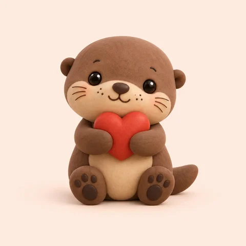 A brown 3D otter hugging a red heart against a peach background, original still image before animation