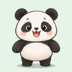 An original round panda illustration against a mint background, animated: Raise both paws to cheer, bob them up and down and smile with delight.