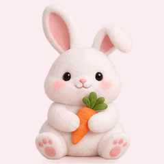 A white 3D rabbit holding a carrot against a pale pink background, animated: Hold the carrot and nod gently, letting the ears sway a little with the movement.