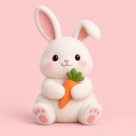 A white 3D rabbit holding a carrot against a pale pink background, original still image before animation