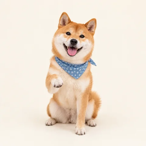 A seated Shiba Inu against an ivory background, original still image before animation