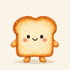An original smiling toast character against a warm ivory background, animated: Crouch slightly, bounce up with joy, then land and settle back into the starting pose.