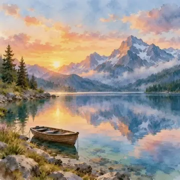 Watercolor lake painting animated with AI: rippling water and drifting clouds