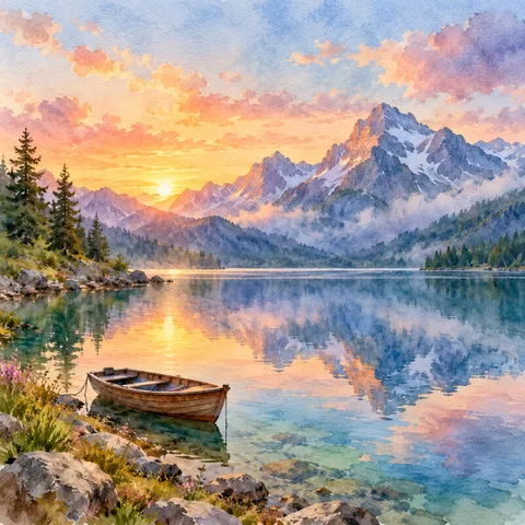 Original: Watercolor lake painting animated with AI: rippling water and drifting clouds