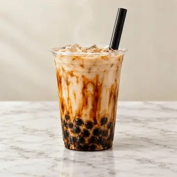 Bubble tea product photo animated with AI: sinking pearls and drifting ice