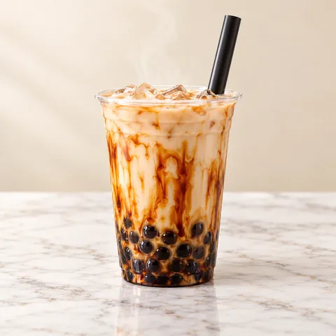 Original: Bubble tea product photo animated with AI: sinking pearls and drifting ice